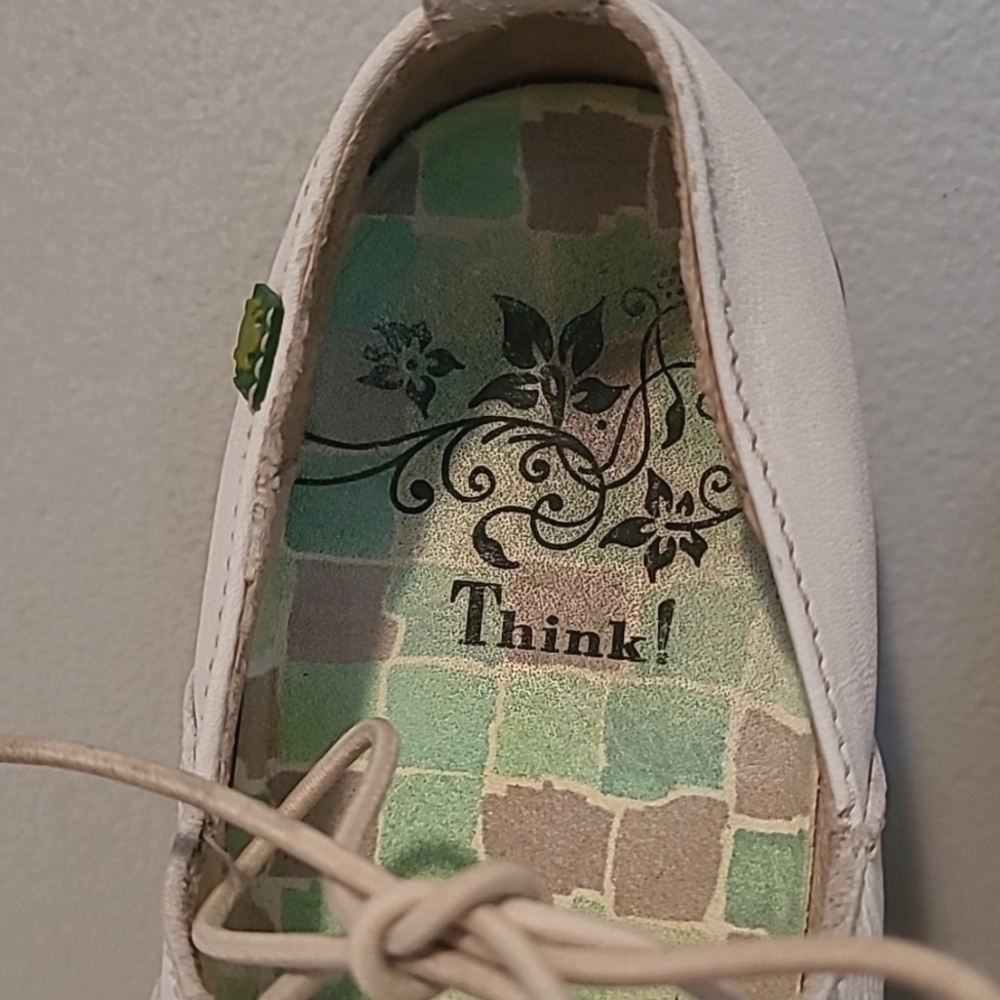 Think! Women's 8.5 White Leather Lace-up Casual Artsy Wedge Loafers Shoes Boho - Picture 11 of 16